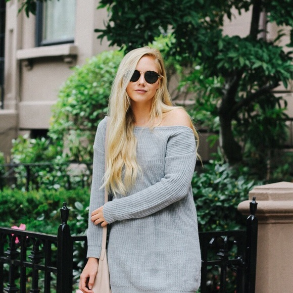 Gray Knit Off the Shoulder Sweater Dress - Picture 3 of 5
